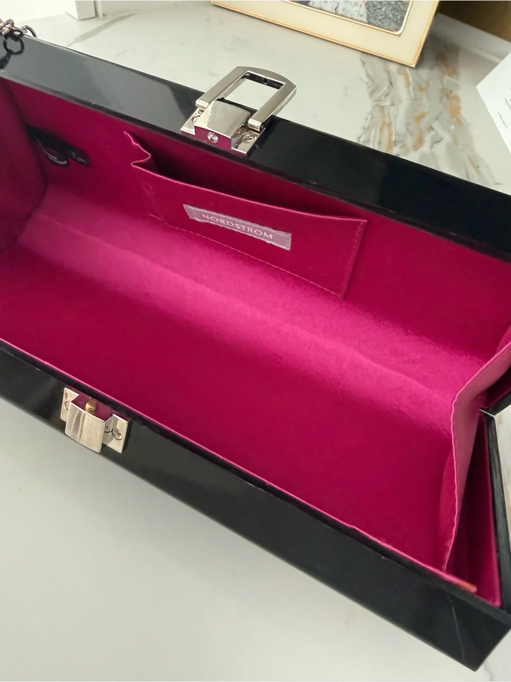 Nordstrom Black 'EYE CANDY' Glitter Acrylic Box Clutch with Silver Chain